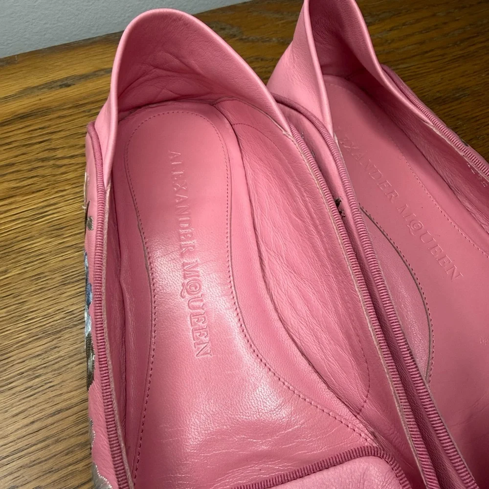 Alexander Mcqueen Size 37 • Pink Embroidered Ballet Loafer Flats Leather.